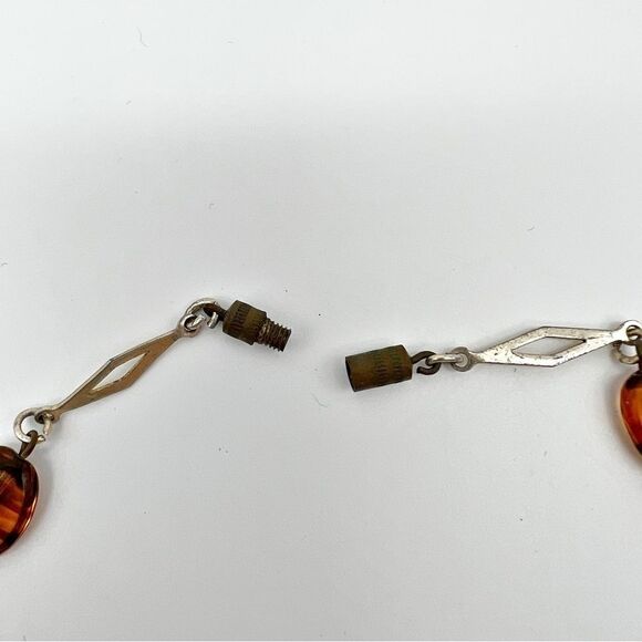 Gold Tone Diamond Shape Chain Amber Glass Striped Round Flat Bead Necklace 28” - Picture 10 of 10